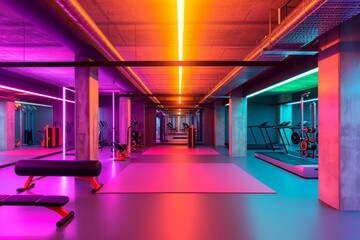 The photo captures a well-equipped gym featuring a bench and various exercise equipment for a complete workout, A gym decked out in bright neon colors, AI Generated