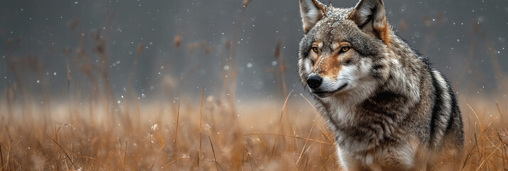 gray wolf in autumn field in forest with snow close-up