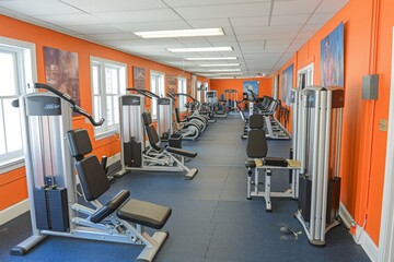 Fototapeta na wymiar A gym with multiple rows of exercise machines and large windows providing natural light, A gym designed specifically for seniors, AI Generated