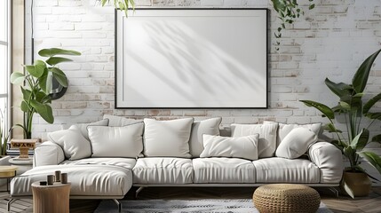 Modern living room with two square frame mockup, gray color sofa and interior decoration. 3d rendering, interior design, 3d illustration Ai Generated 