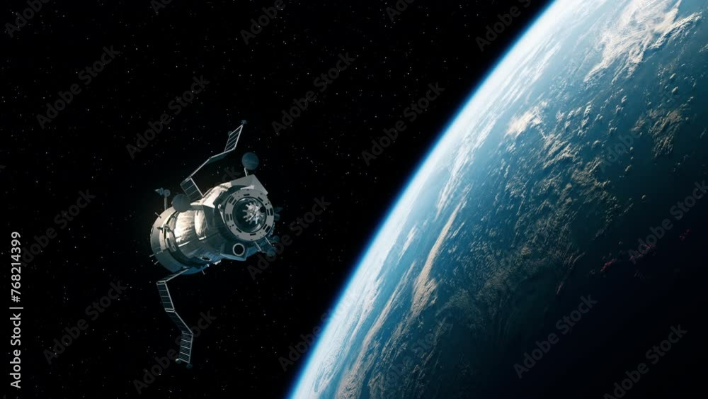 Poster Spacecraft deploys solar panels while in Earth orbit. 3d animation. 4k.