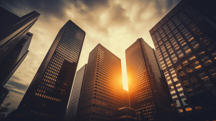 A group of towering buildings against a backdrop of the setting sun creates an abstract business and finance background.