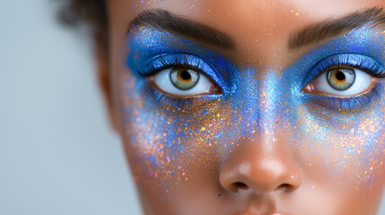 Colorful banner with Black woman face with artistic makeup in blue and gold colors. Social issues mental health diversity concept