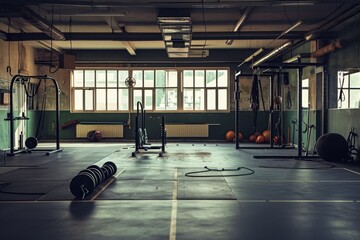This photo showcases a fully-equipped gym filled with a diverse selection of exercise machines, weights, and accessories, A gym with an intense boot camp course, AI Generated