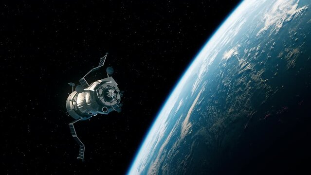 Spacecraft deploys solar panels while in Earth orbit. 3d animation. 4k.