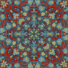 Blue and red floral damask ornament. Pattern with ornamental flowers. Background for wallpaper, textile, carpet and any surface. 