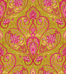Yellow and pink pattern with ornamental flowers. Traditional oriental floral background. Design for wallpaper, textile, shawl, carpet and any surface. - 768214904
