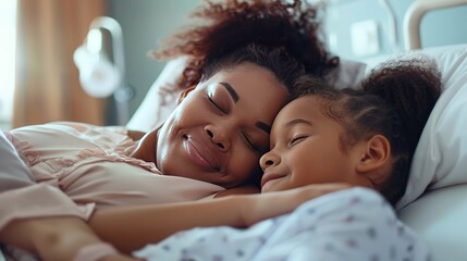 A woman is recovering in a modern hospital and smiling happily while hugging her daughter, - obrazy, fototapety, plakaty
