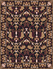 Floral vector carpet design. Ornamental pattern with frame. Vintage brown background for textile, tapestry. - 768214987