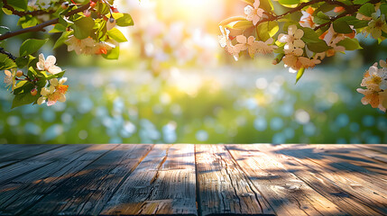 Naklejka na ściany i meble Spring beautiful background with green lush young foliage and flowering branches with an empty wooden table on nature outdoors in sunlight in garden.