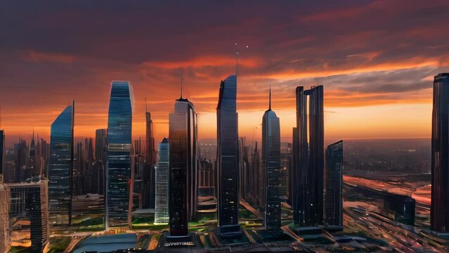 Futuristic cityscape with skyscrapers. Sunset over a modern city skyline. High-rise buildings against a vibrant evening sky. Concept of urban development, city life, and architectural beauty. Motion