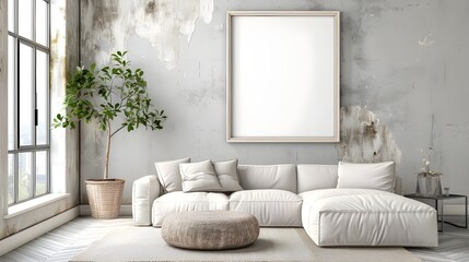 Modern living room with two square frame mockup, gray color sofa and interior decoration. 3d rendering, interior design, 3d illustration ai generated 
