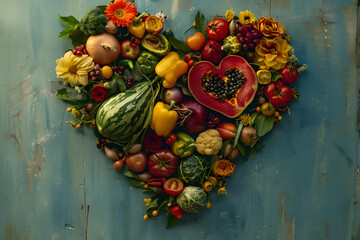 Heart shape made with various vegetables and fruits - 768215388