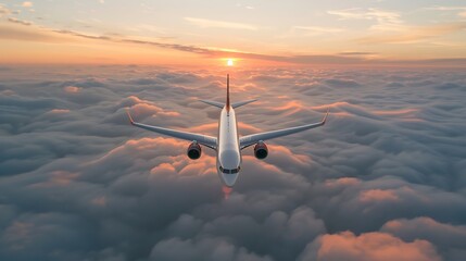 AéŒ«n image of a commercial airliner flying high above the clouds at sunset. The plane is in the center of the frame and the sun is setting behind it.
