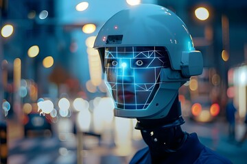 City street surveillance camera scanning faces raises privacy concerns due to facial recognition data collection and analysis. Concept Privacy Concerns, Facial Recognition, Surveillance Cameras