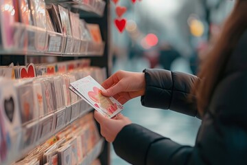 An adult woman is carefully examining a greeting card with focused attention in a retail store, A hand reaching out to pick a Valentine's Day card from a rack, AI Generated