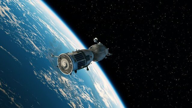 Spacecraft deploys solar panels in outer space. 3d animation. 4k.
