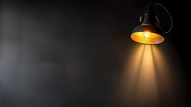 Spotlight on the wall. Dark background with a single lamp shining its light down.
