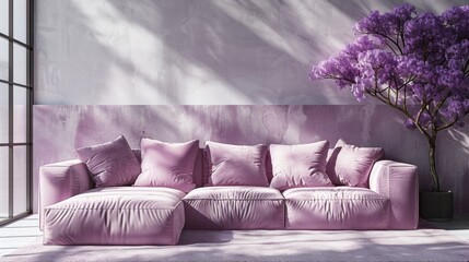 an elegant, contemporary living room setting with a luxurious lavender velvet sofa