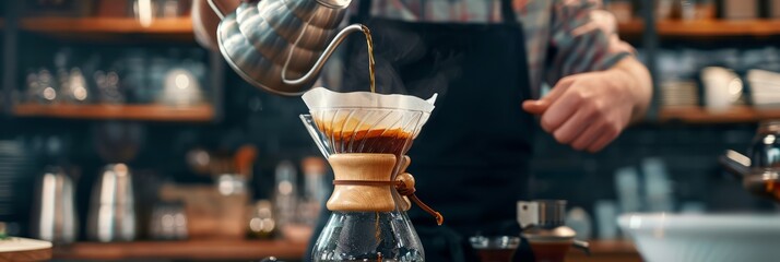 Barista brews drip brewing in a pour-over, close-up of a pour-over with hot water and filter paper, filtered coffee or pour over coffee, banner - obrazy, fototapety, plakaty