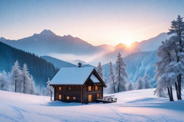 house in the mountains at sunset