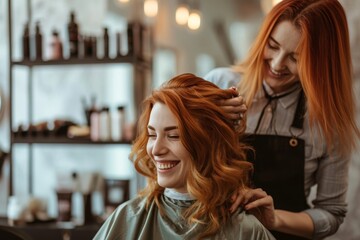 A woman seated in a salon chair as a hair stylist cuts her hair, A hair stylist interacting with a cheerful client in the salon, AI Generated - Powered by Adobe