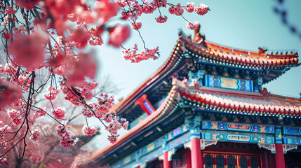 Beautiful cherry blossom sakura in chinese temple, vintage tone