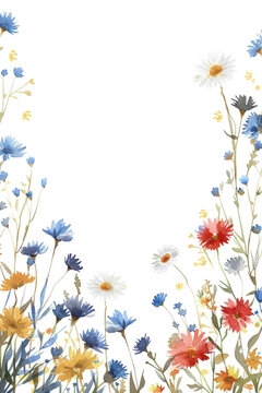 Floral wildflowers cornflowers vertical boarder vivid colorful frame with white copy space background watercolour style