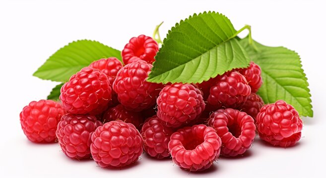 a pile of raspberries with a leaf