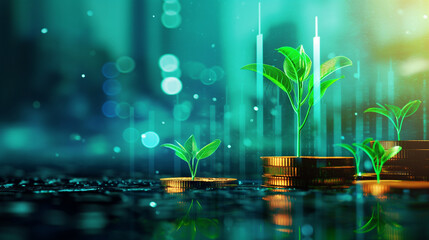 Geld förmlich wachsen sehen. Geldstapel wachsen wie Pflanzen mit transparentem Chart und Hintergrund wie Börse Aktienhandel sowie Vermögensaufbau symbolisch für Marketing Bank Generative AI