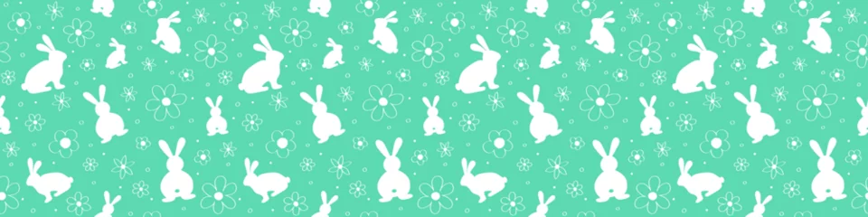 Zelfklevend Fotobehang Cute Easter texture. Background with rabbits and flowers. Banner. Vector illustration © One Pixel Studio