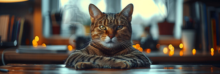 Cat-headed businessman sitting in front of his ,
Shallow focus of a cat with piercing green eyes - obrazy, fototapety, plakaty