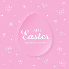 Easter greeting card. Modern paper cut background with Easter egg and hand drawn flowers. Vector illustration