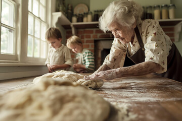 A woman is making bread with her grandchildren