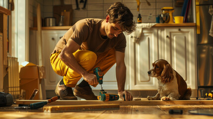 A person kneels to drill a piece of wood as a curious dog watches on.