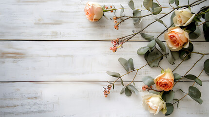 Whitewashed wooden background with a spray of peach and cream roses and eucalyptus greenery.