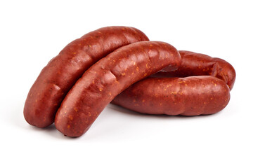 Smoked pork sausages, isolated on white background. High resolution image.