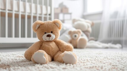 a fluffy teddy bear toy resting on the carpet within an empty baby's nursery room, adorned with white furniture and grey walls, exuding a cozy ambiance.