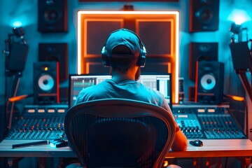 A male artist in a soundproof studio recording music with a computer mixing desk and audio engineer. Concept Music Production, Recording Studio, Soundproof Room, Mixing Desk, Audio Engineer