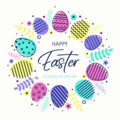 Minimalist Easter background with colourful eggs. Design of a greeting card. Vector illustration