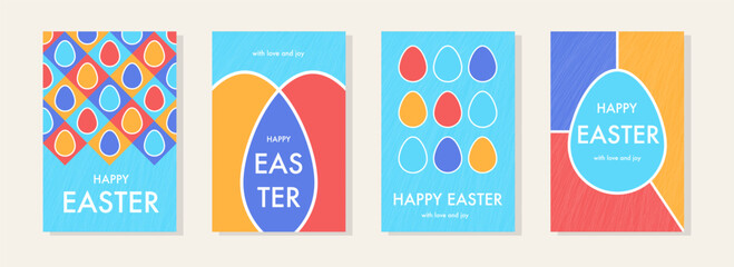 Colourful Easter greeting cards set. Modern style background with Easter eggs and geometric shapes. Vector illustration
