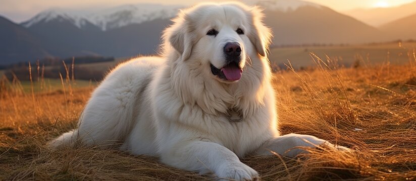 A Great Pyrenees dog, known for its majestic appearance and exceptional loyalty, resting on a vast dry grass field under the suns warmth.