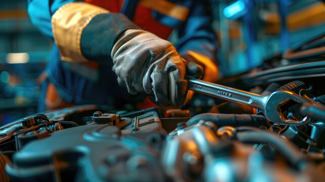 a mechanic is working on a car engine with a wrench