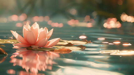 A beautiful water lily flower floats on the surface of a calm pond.
