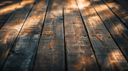 The image is a close-up of a wooden floor. The wood is old and weathered, with a rich, dark brown color.