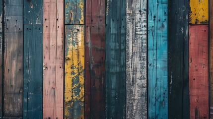 Rustic wooden fence painted in various colors with a weathered and distressed look.