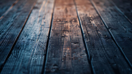 The image is a close-up of a wooden table with a dark brown stain. The wood grain is visible and the table is slightly wet, reflecting the light.