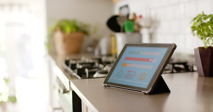 A tablet displays colorful graphs on home energy usage through a smart home app