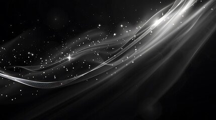 Black and white abstract background with smooth gradient and sparkling glitter lights.