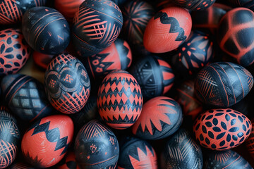 Fototapeta na wymiar Wooden carved eggs with patterns. Black and red colors dominate.